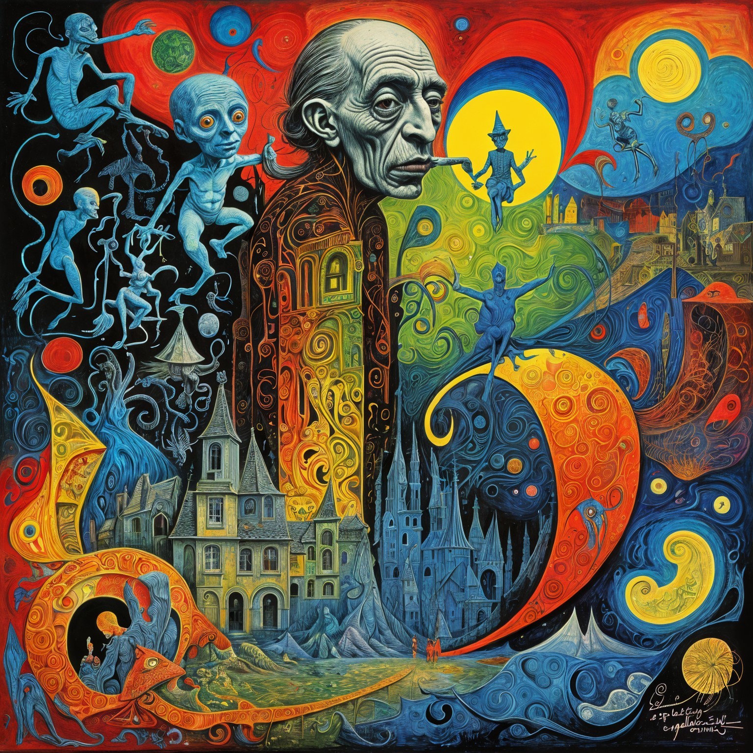 Surrealist Painting with Elongated Figure and Whimsical Creatures