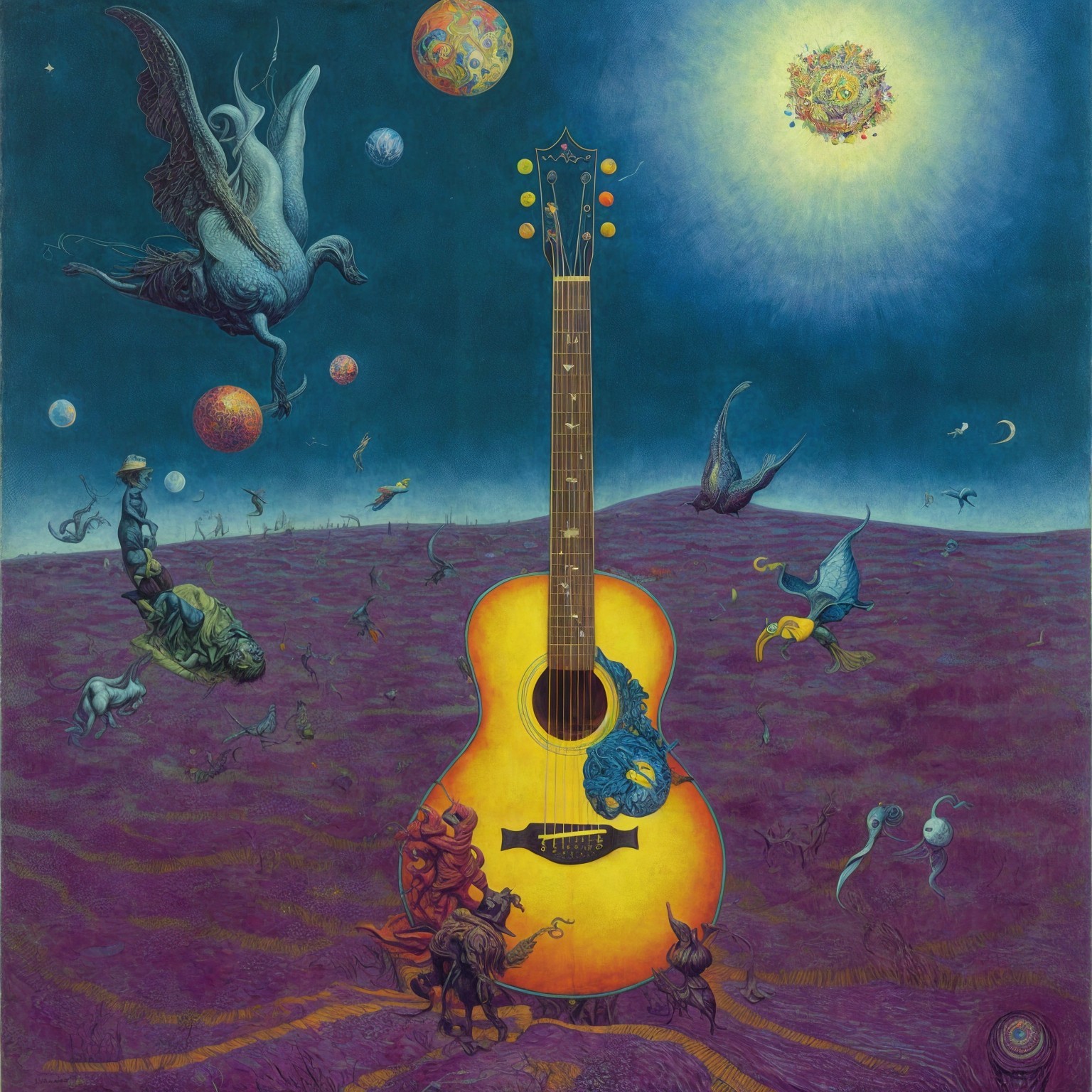Surreal Landscape with Guitar and Ethereal Creatures