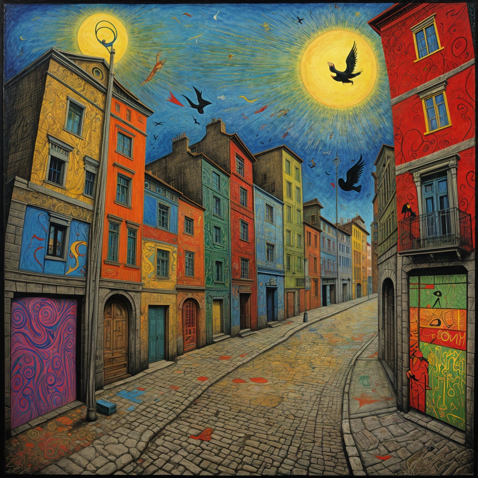 Vibrant Street Scene with Colorful Buildings and Sky