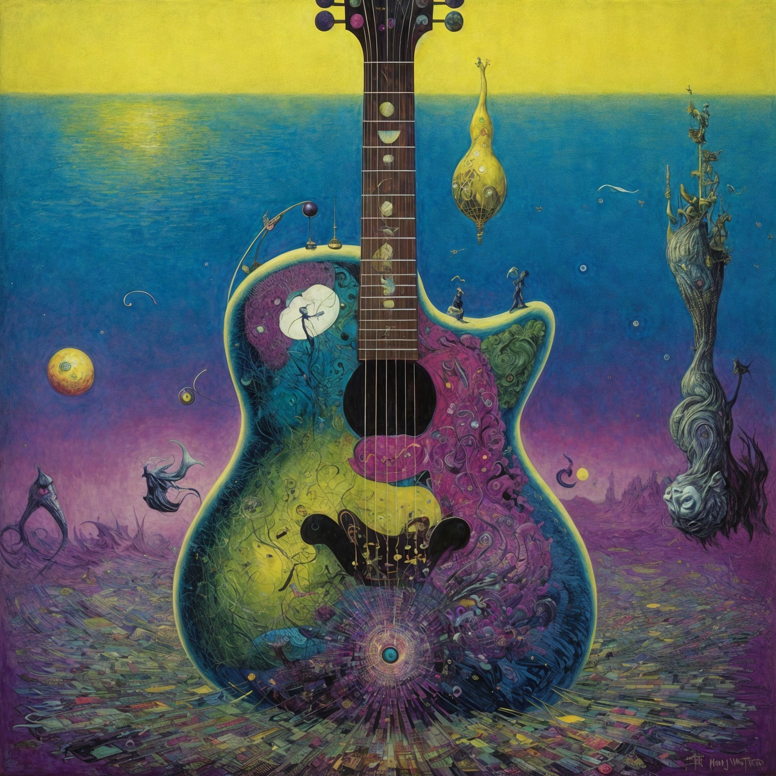 Surreal Acoustic Guitar with Cosmic Patterns and Colors