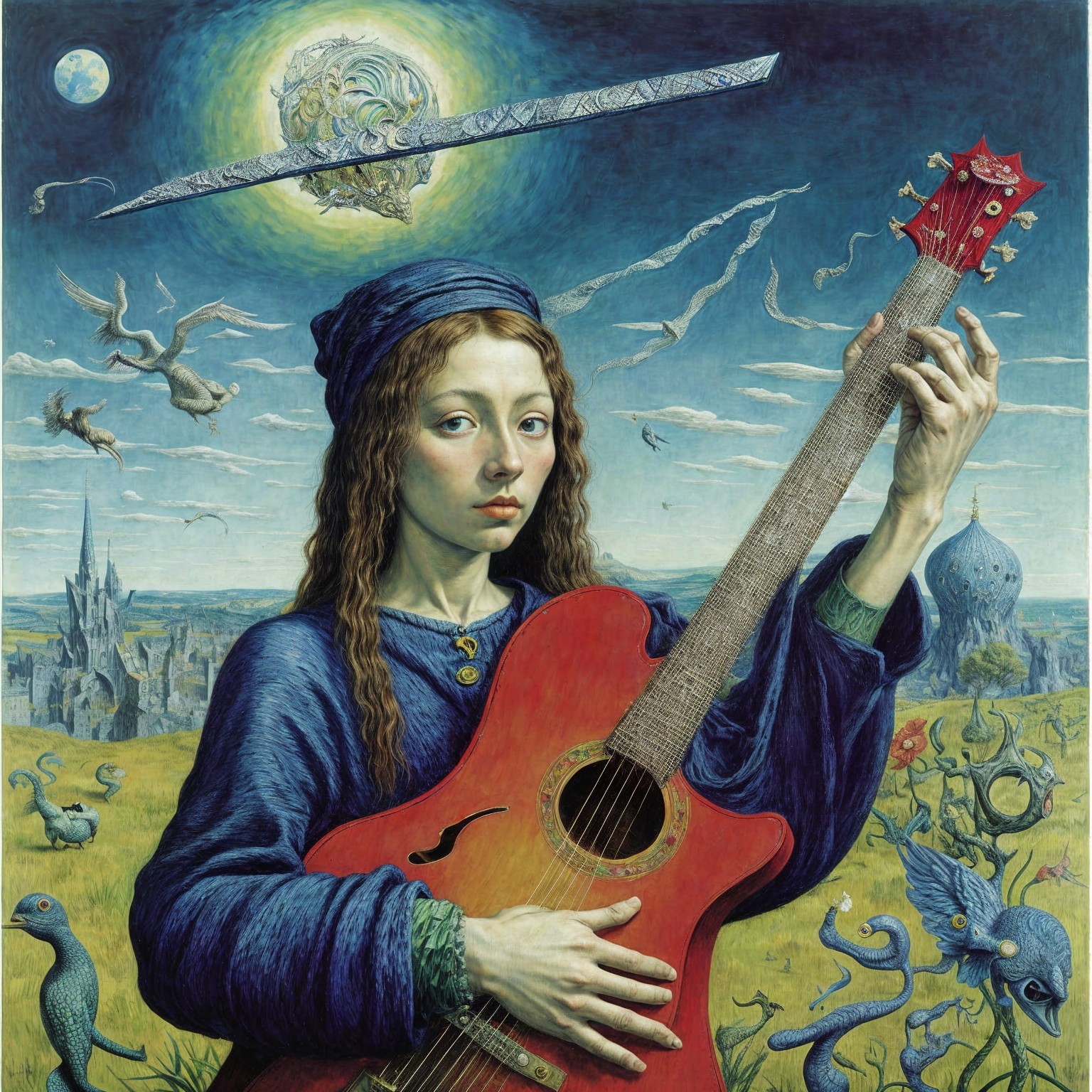 Young Woman with Guitar in Surreal Landscape Scene