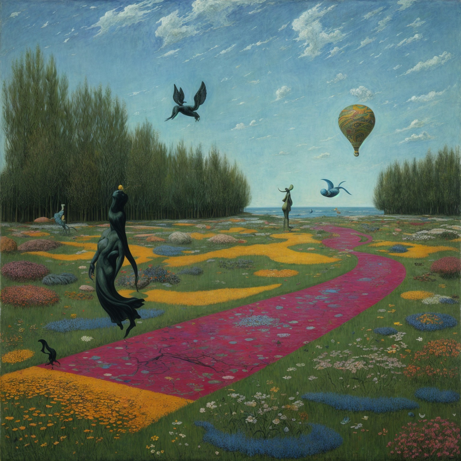 Surreal Landscape with Pink Path and Ethereal Figures
