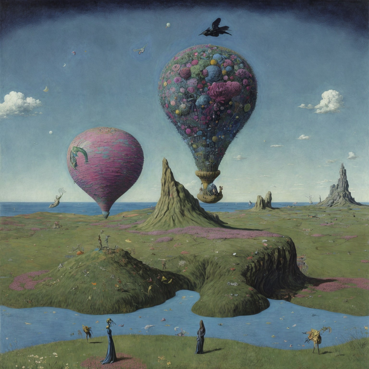 Imaginative Landscape with Colorful Hot Air Balloons