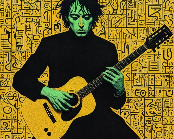 Solitary Musician with Green Skin and Yellow Patterns