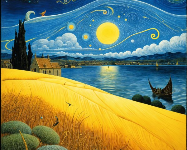 Vibrant Landscape with Golden Fields and Starry Sky