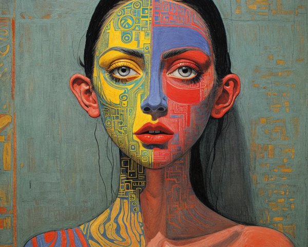 Portrait of a Woman with Split Face in Bold Colors