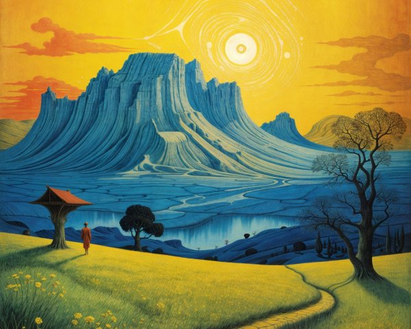 Vibrant Landscape with Blue Mountain and Yellow Sky