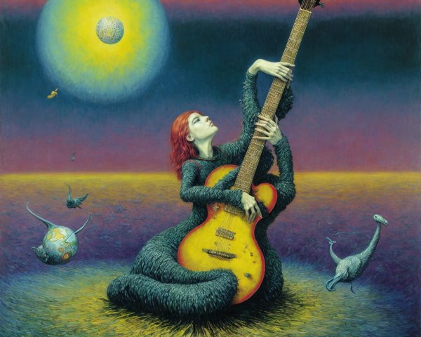 Surreal Scene with Dark Fur Figure and Yellow Guitar