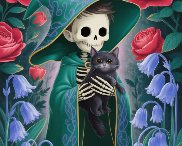 Whimsical Illustration of a Skeleton with a Cat