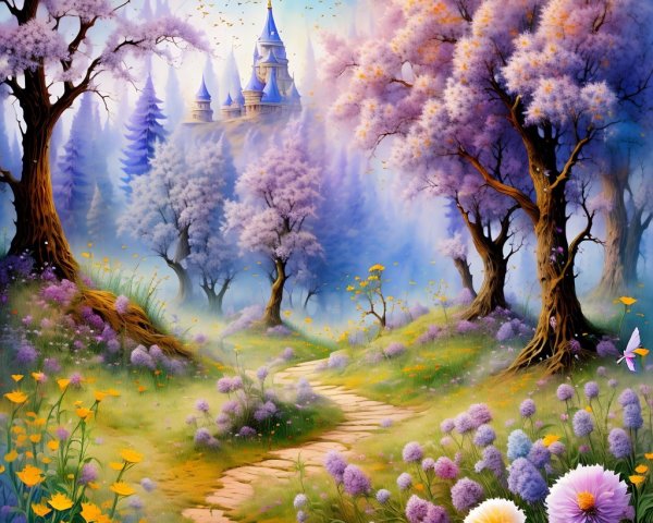 Enchanted landscape with purple trees and a castle