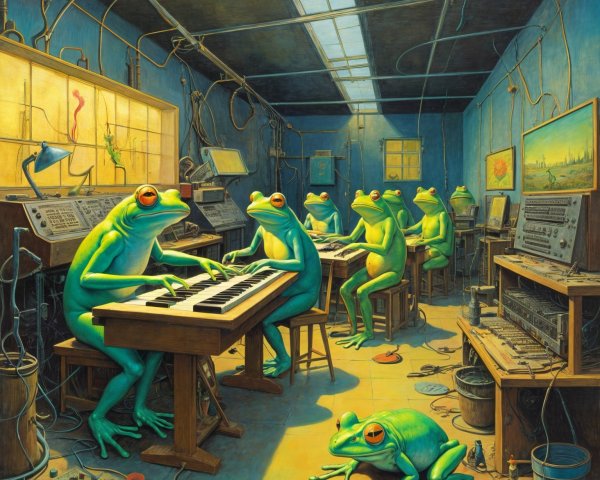 Cartoonish Frogs in a Cluttered Music Studio Scene