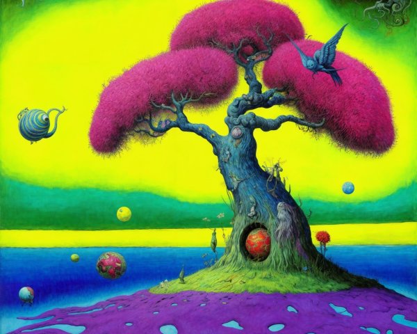 Surreal Landscape with Vibrant Tree and Whimsical Creatures