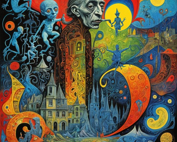 Surrealist Painting with Elongated Figure and Whimsical Creatures