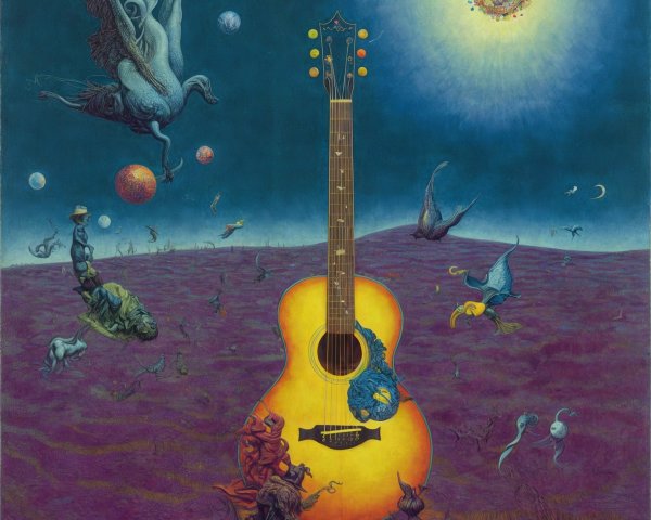 Surreal Landscape with Guitar and Ethereal Creatures