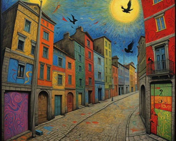 Vibrant Street Scene with Colorful Buildings and Sky