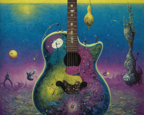 Surreal Acoustic Guitar with Cosmic Patterns and Colors