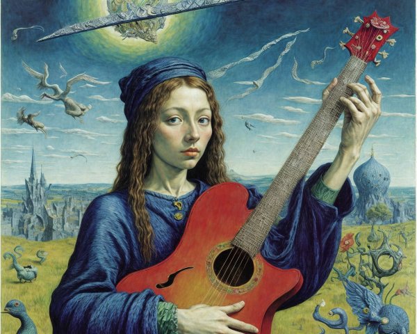Young Woman with Guitar in Surreal Landscape Scene