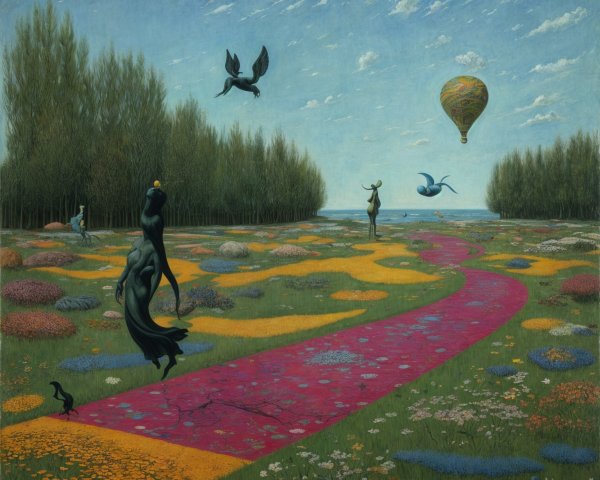 Surreal Landscape with Pink Path and Ethereal Figures