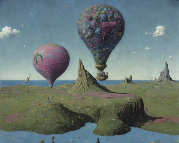 Imaginative Landscape with Colorful Hot Air Balloons