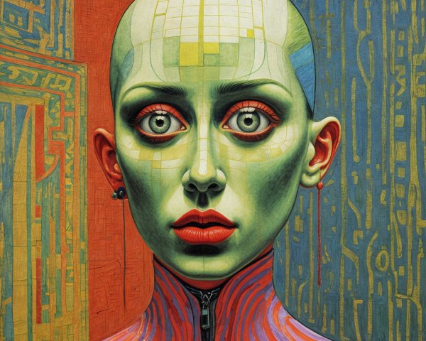Otherworldly Portrait of a Bald Green Figure