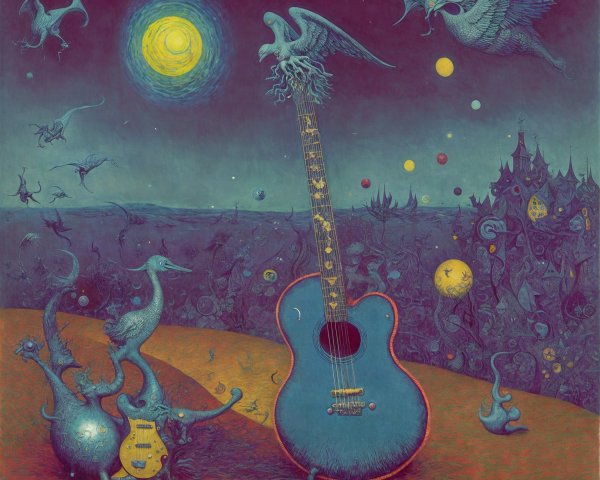 Surreal Landscape with Vibrant Blue Guitar and Creatures