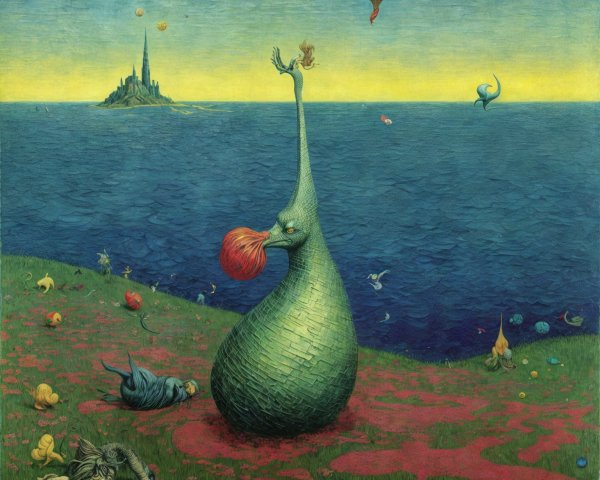 Surreal Landscape with Vibrant Creature and Colorful Sky