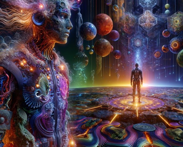 Surreal Cosmic Landscape with Humanoid Figures