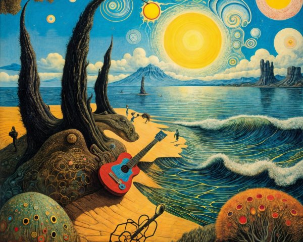 Surreal Beach Landscape with Golden Sun and Figures