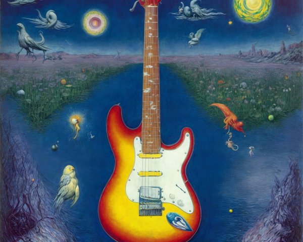 Electric Guitar in Surreal Landscape with Whimsical Birds