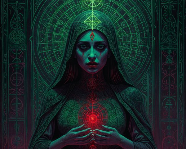 Mystical figure in dark robes with glowing backdrop