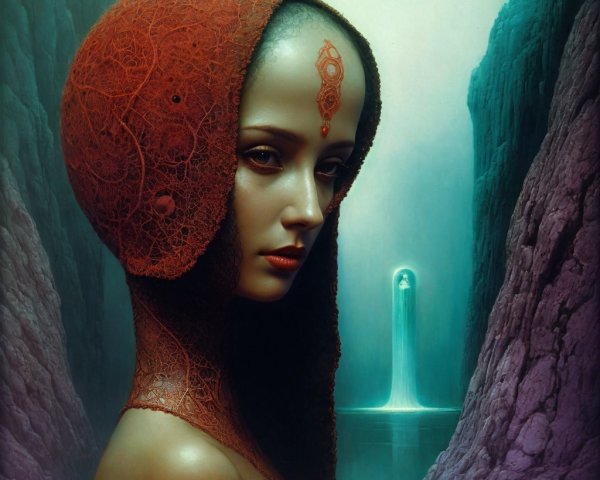 Portrait of Woman with Red Headpiece in Mysterious Landscape