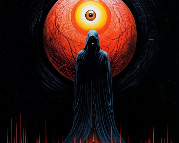 Mysterious figure before a massive fiery red eye
