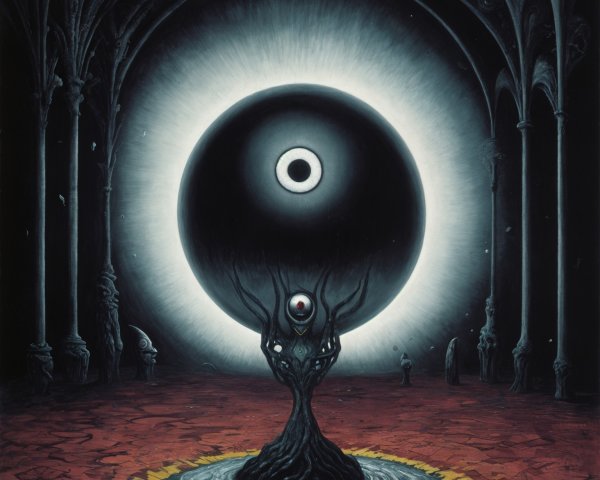 Gothic Scene with Surreal Figure and Black Orb