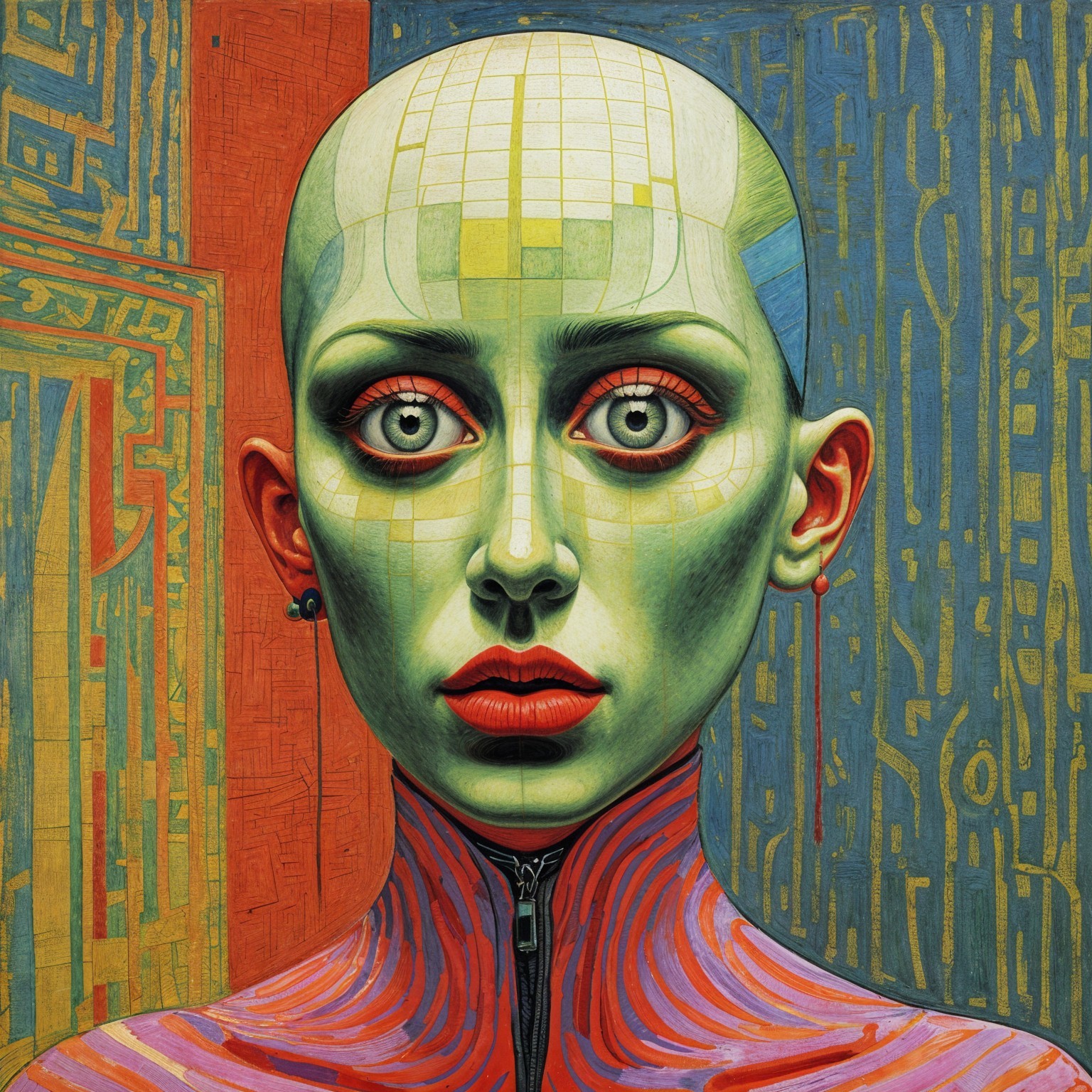 Otherworldly Portrait of a Bald Green Figure