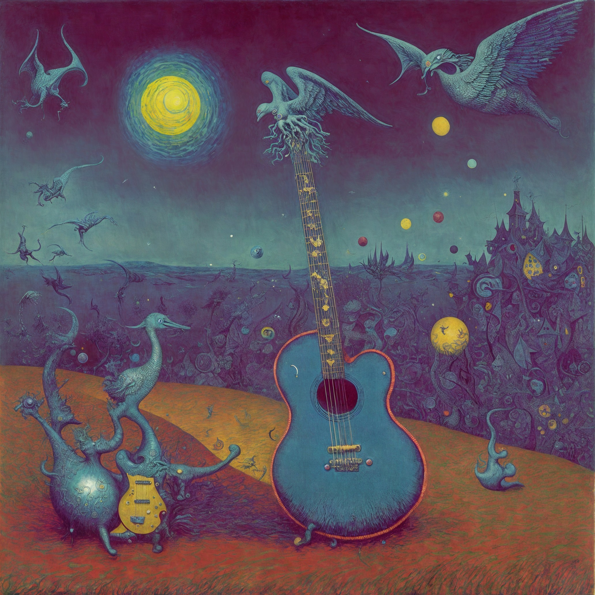 Surreal Landscape with Vibrant Blue Guitar and Creatures