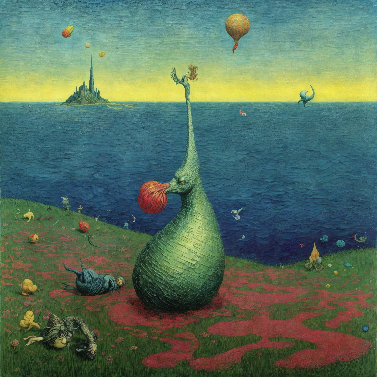 Surreal Landscape with Vibrant Creature and Colorful Sky