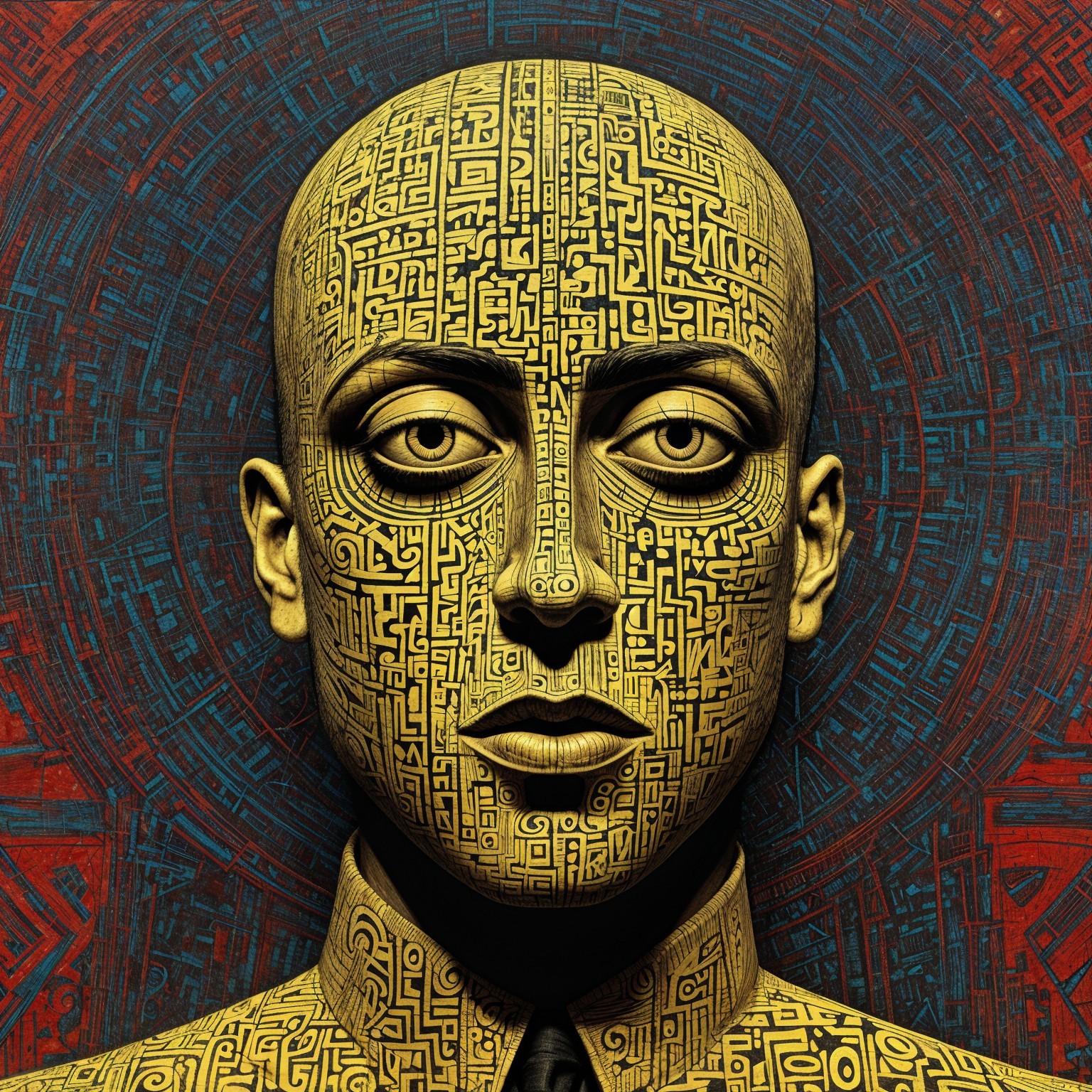 Humanoid Figure with Circuitry Pattern and Colorful Background