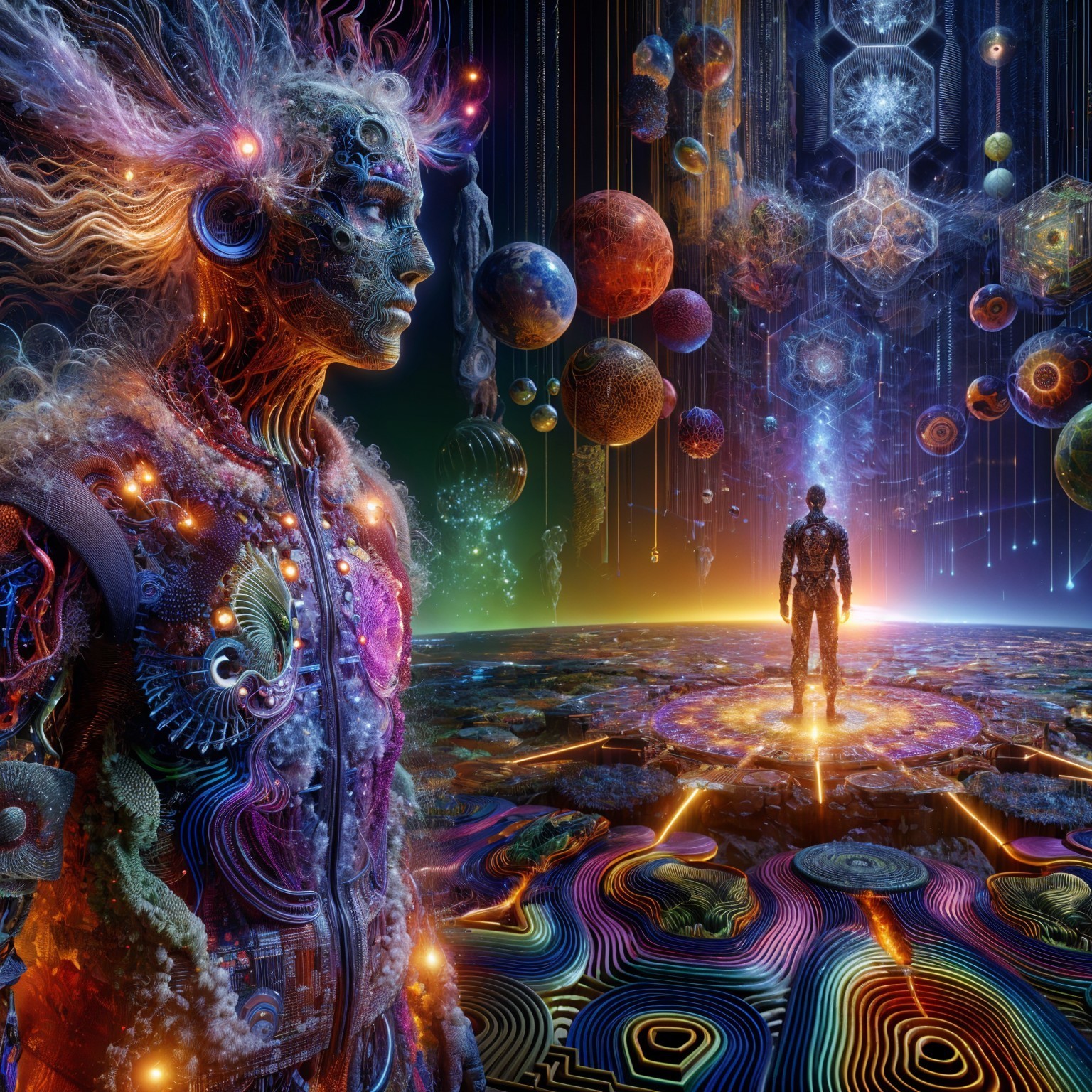 Surreal Cosmic Landscape with Humanoid Figures