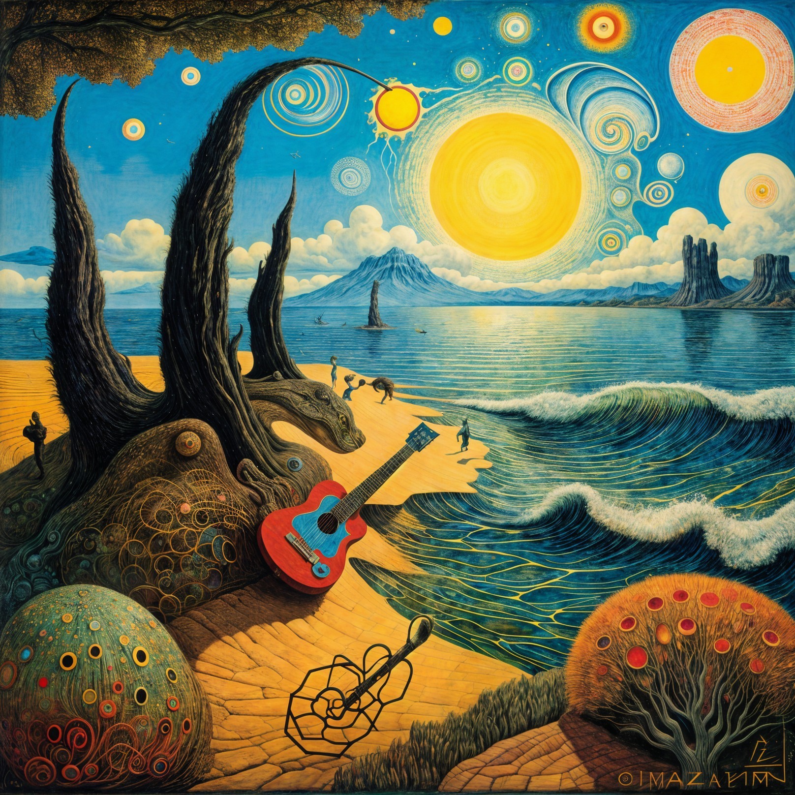 Surreal Beach Landscape with Golden Sun and Figures