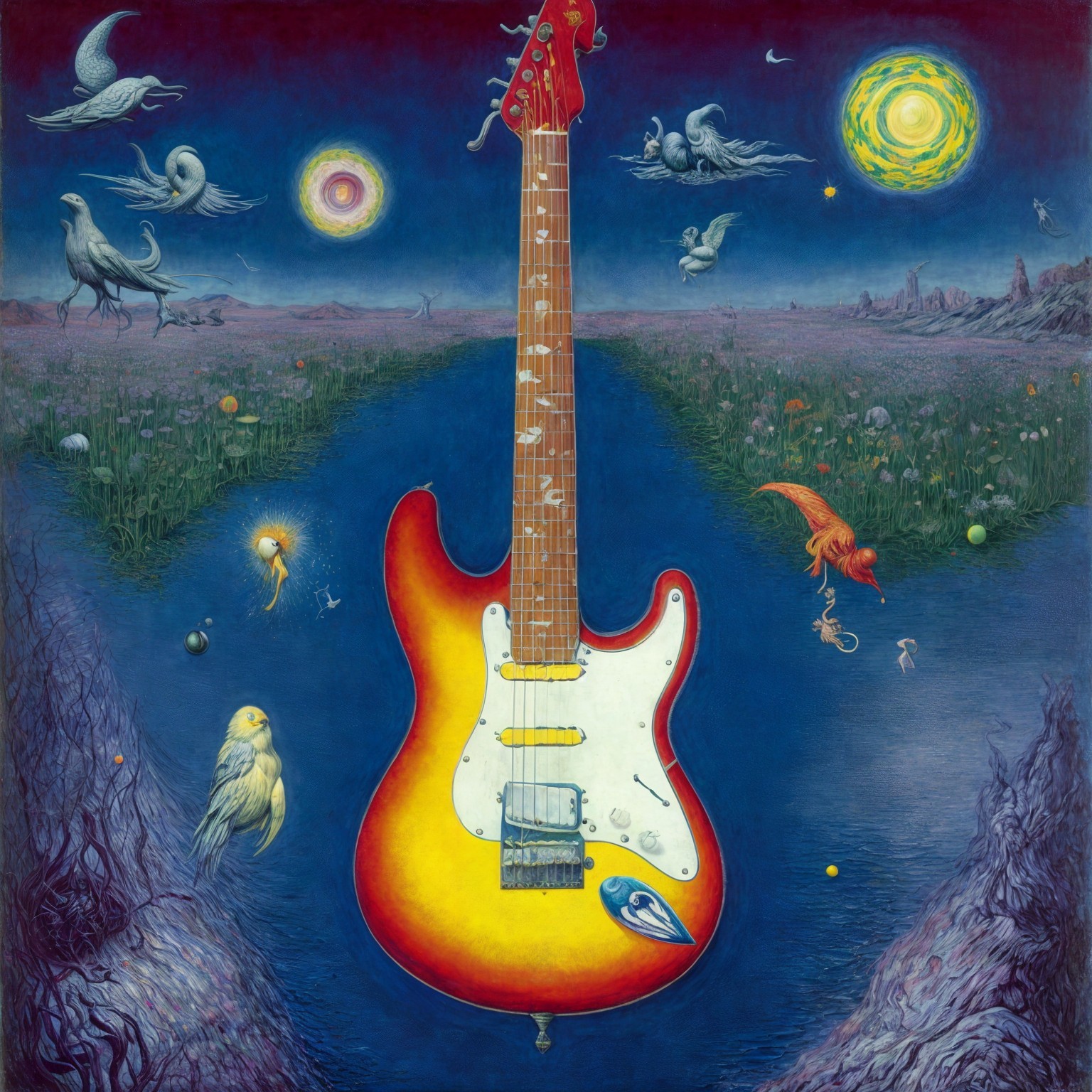 Electric Guitar in Surreal Landscape with Whimsical Birds