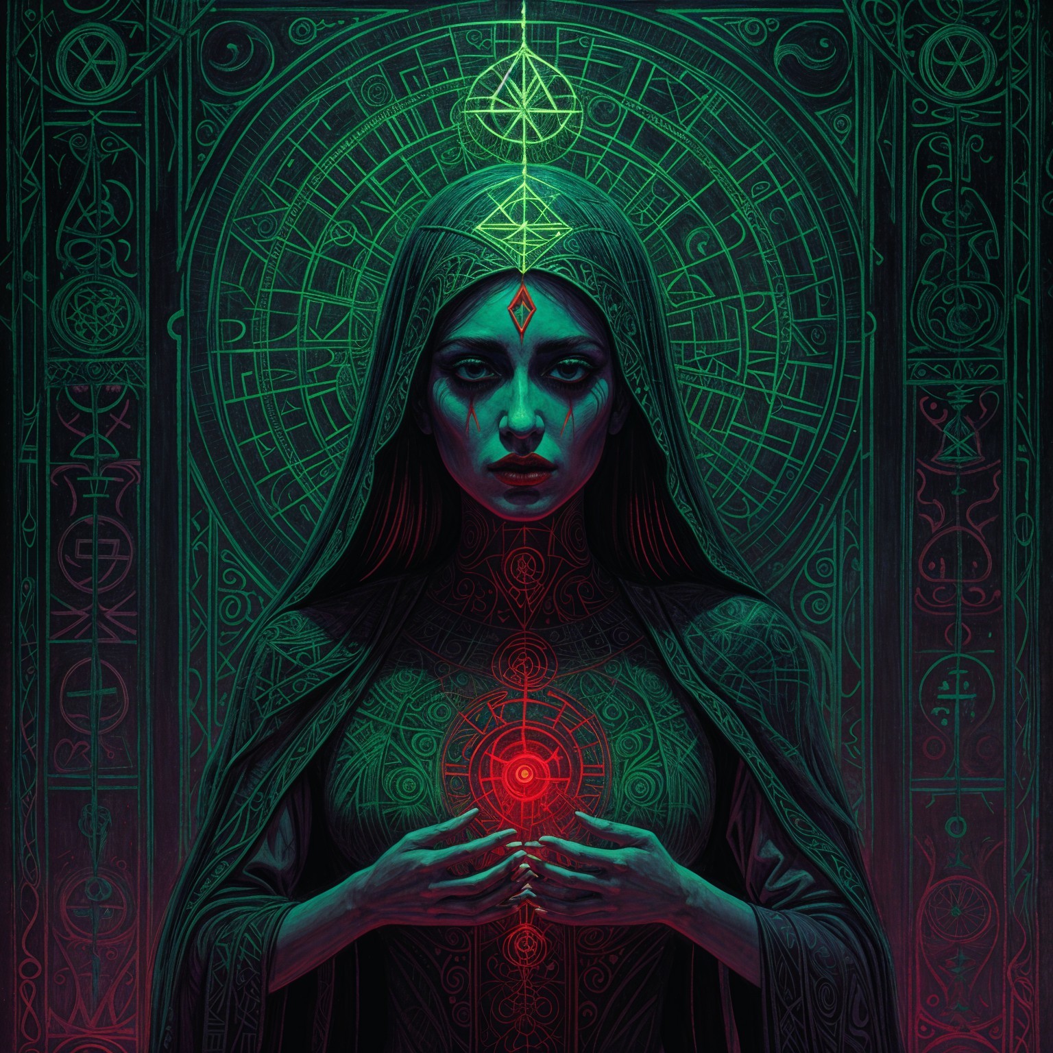 Mystical figure in dark robes with glowing backdrop