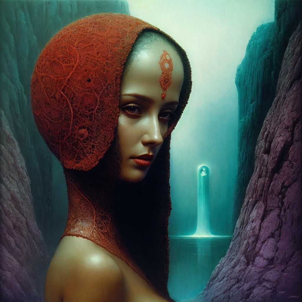 Portrait of Woman with Red Headpiece in Mysterious Landscape
