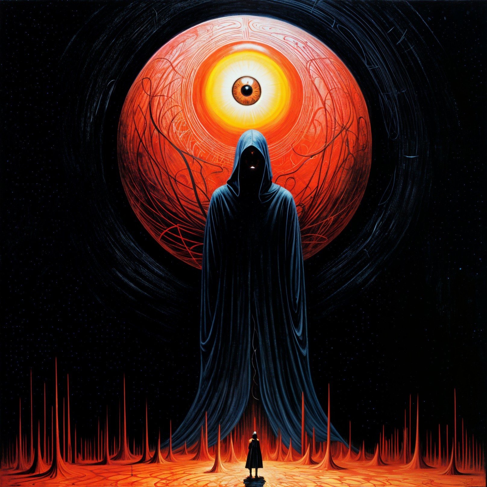 Mysterious figure before a massive fiery red eye