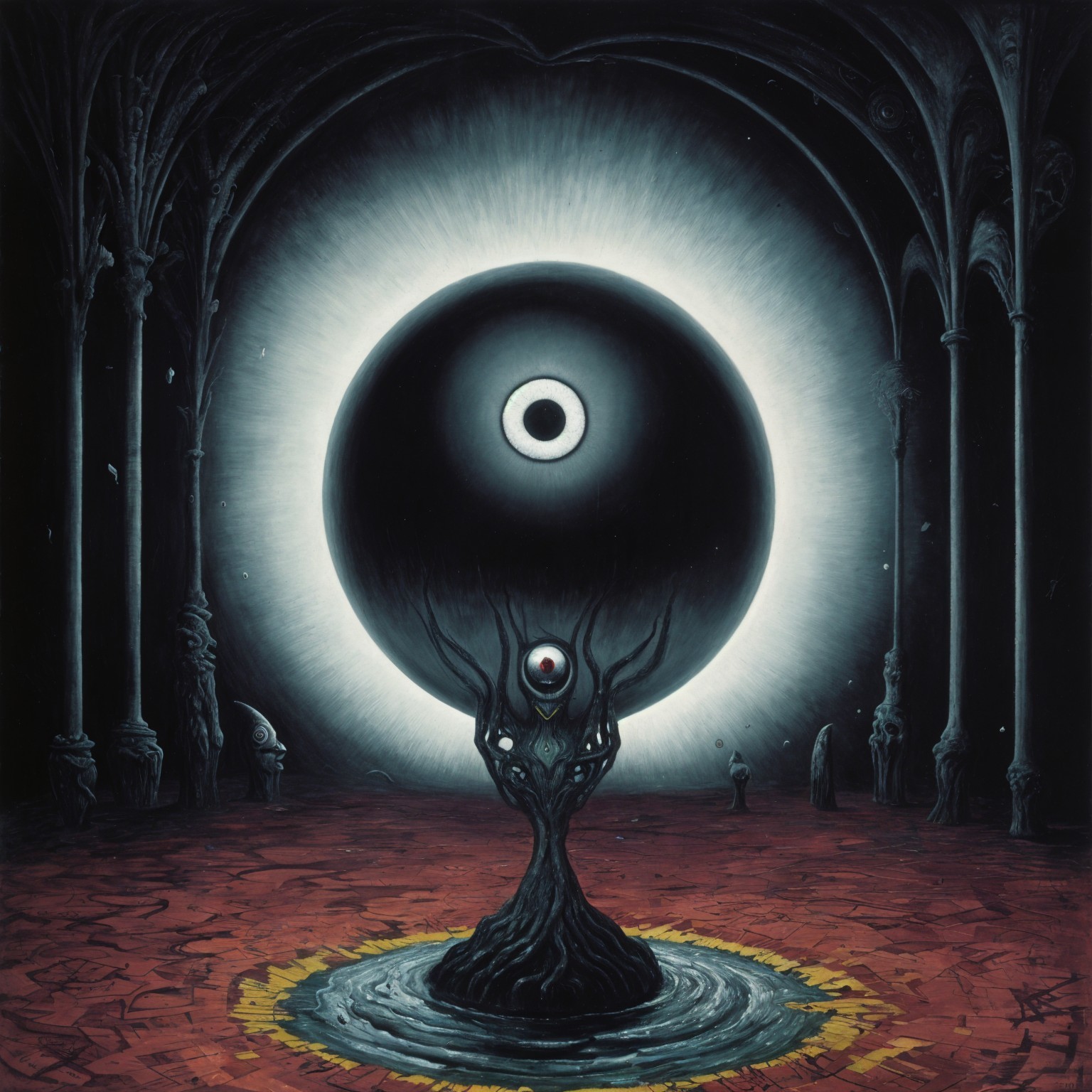 Gothic Scene with Surreal Figure and Black Orb
