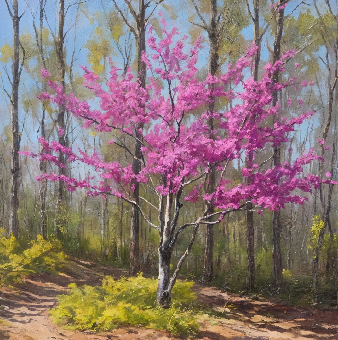 Vibrant Pink Tree in Leafless Forest Landscape