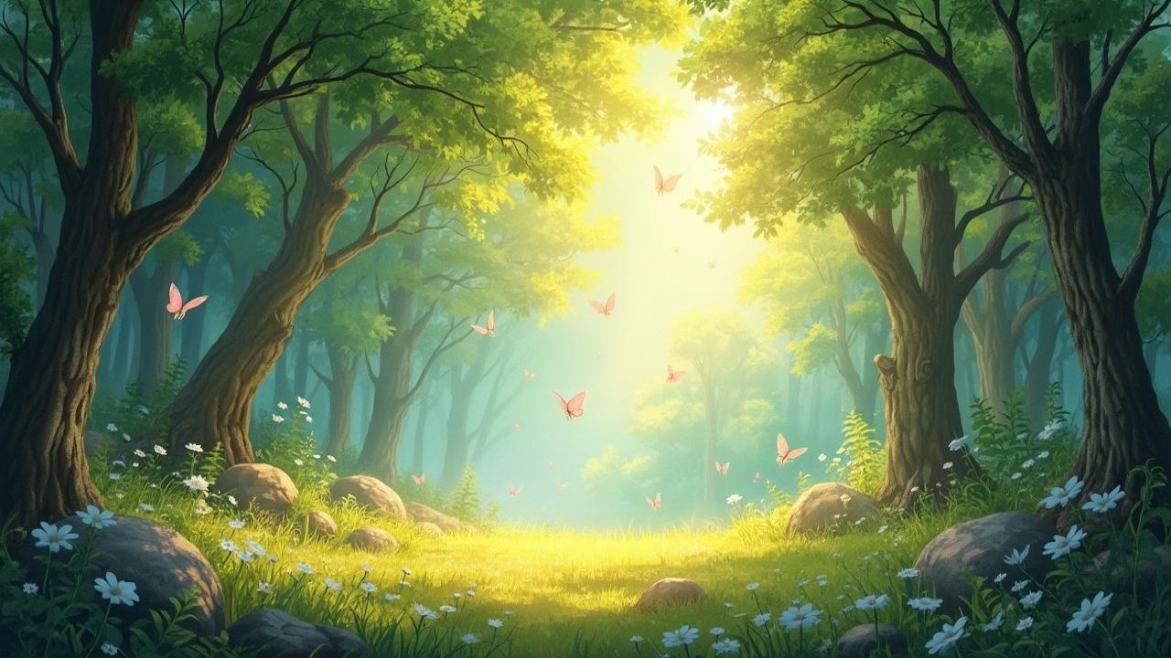 Serene forest scene with golden light and butterflies