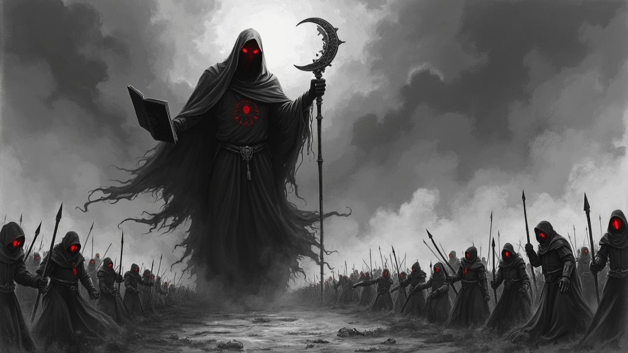 Dark Foreboding Scene with Cloaked Figure and Red Eyes