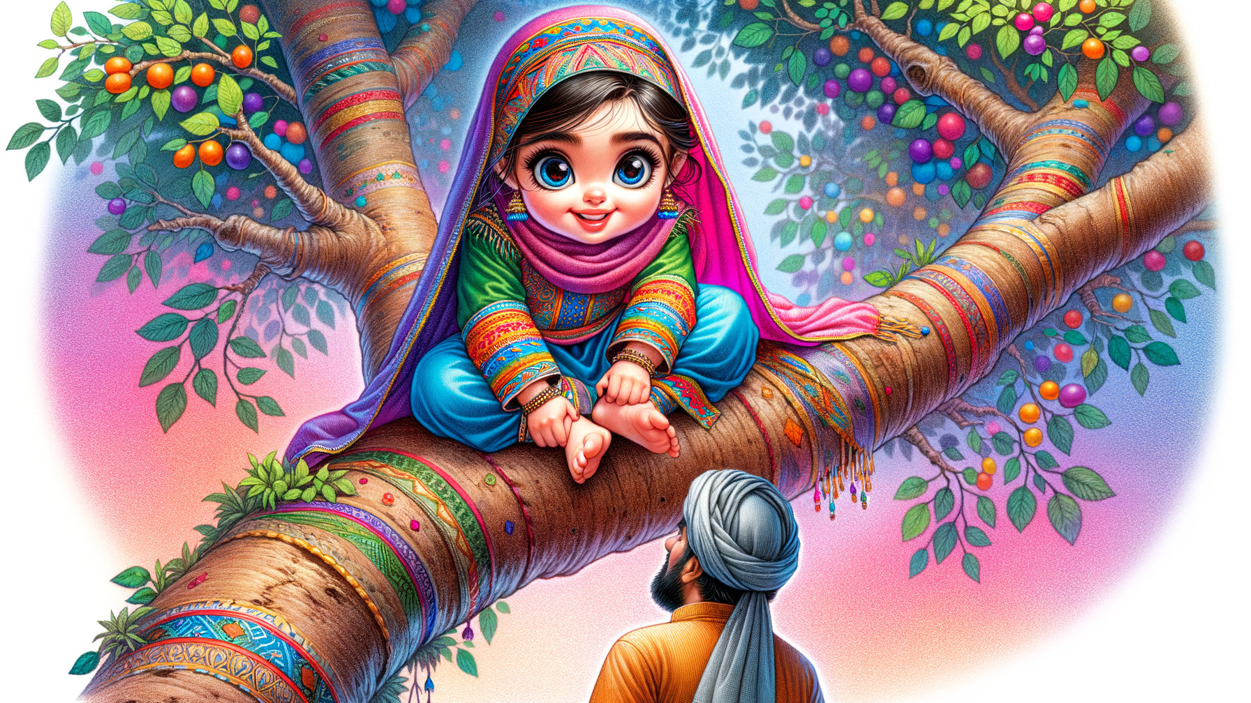 Cheerful girl on colorful branch with smiling man below
