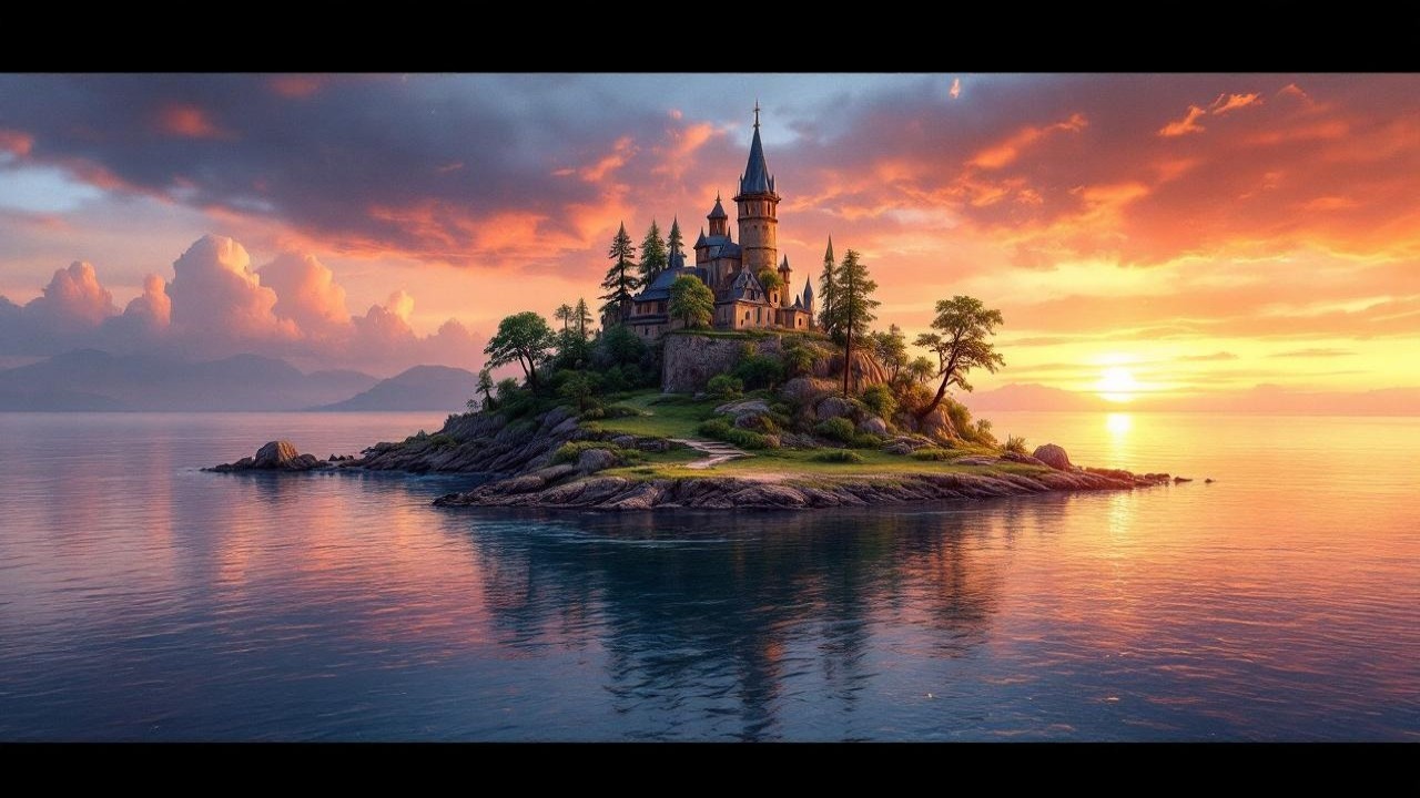 Picturesque Sunset Island with Castle and Lush Landscape