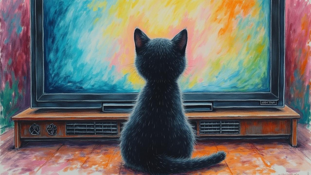 Black Cat Observing Colorful Television Screen